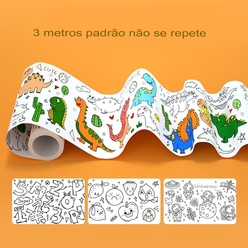 Rolo de desenho para crianças Rolo de papel de colorir adesivo criativo  para pré-escola faça você mesmo rolo de papel grafite com 10 lápis de  pintura educacional vários padrões cartaz de colorir